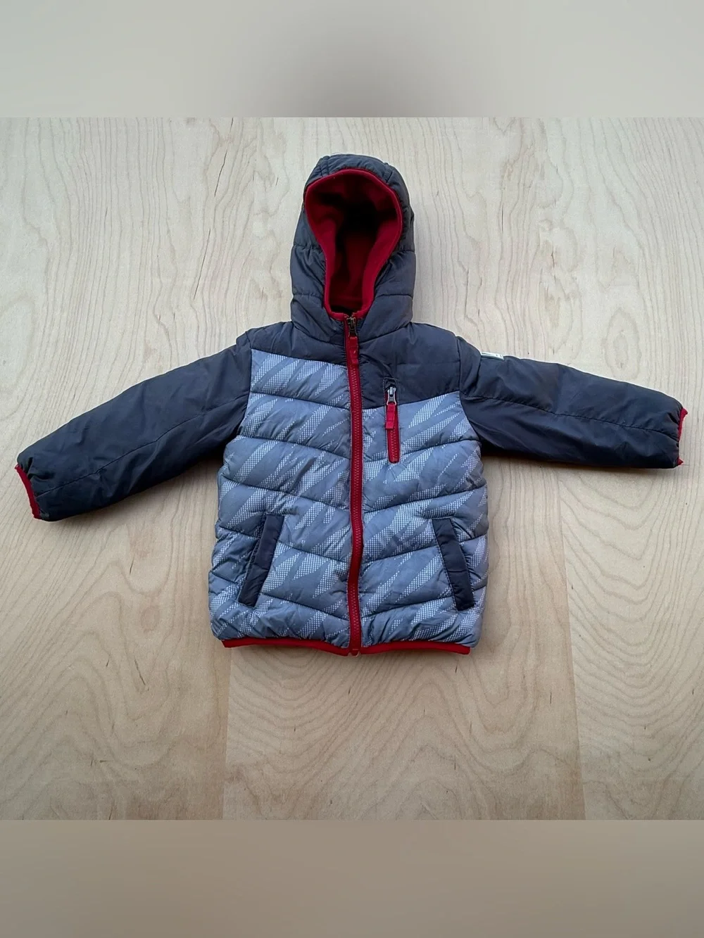 Snozu Toddler Boys Hooded Puffer Jacket Gray Red Fleece Lined Winter Coat 3T